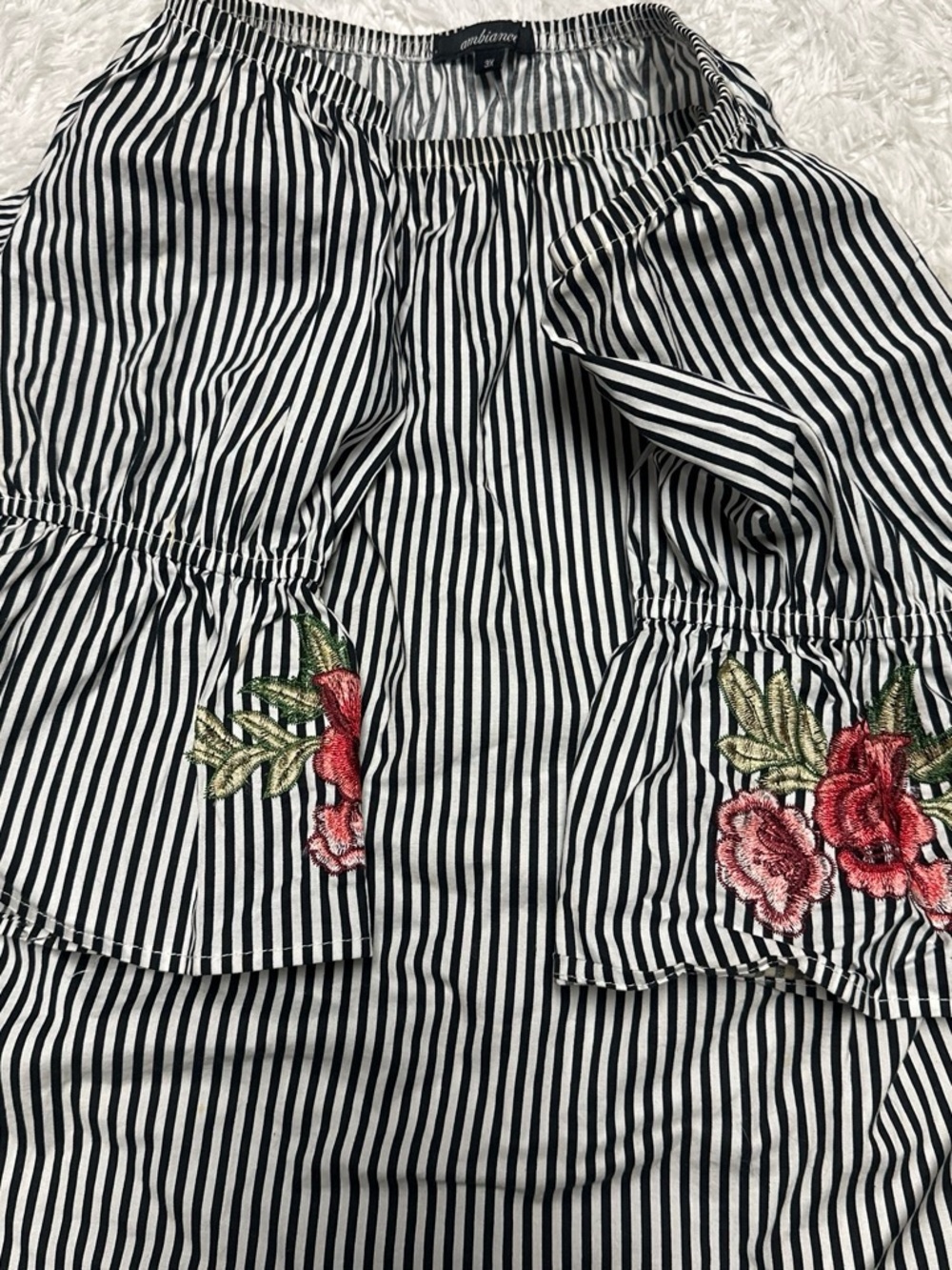 Ambiance Black & White Striped A-Line Skirt with Pink Floral Embroidery